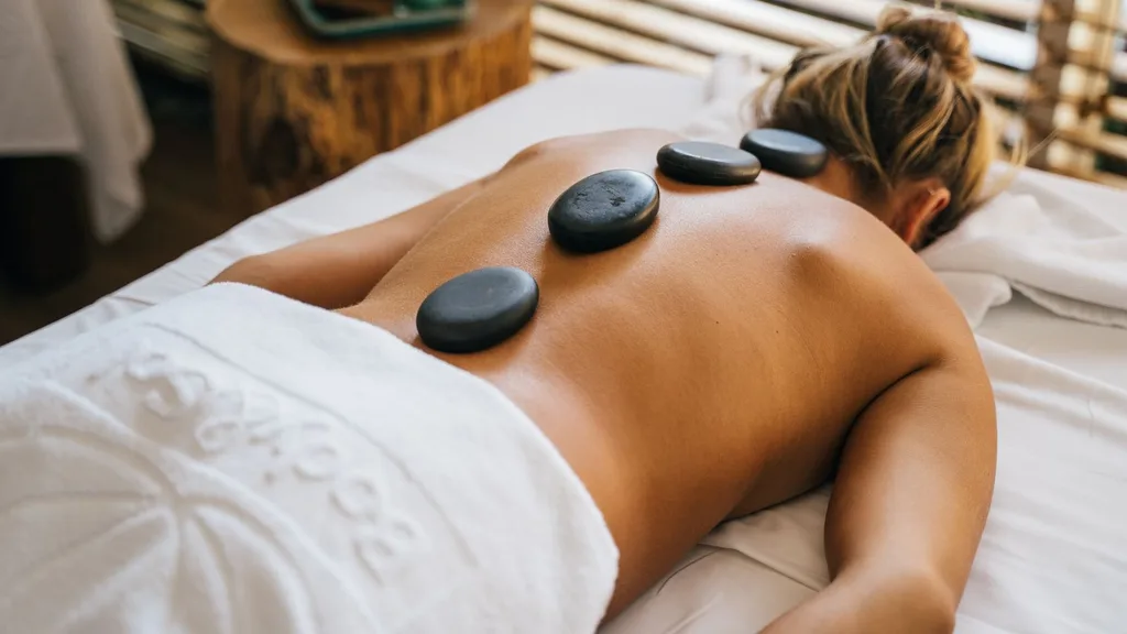 Soin aux pierres chaudes dans une cabine de bois du spa